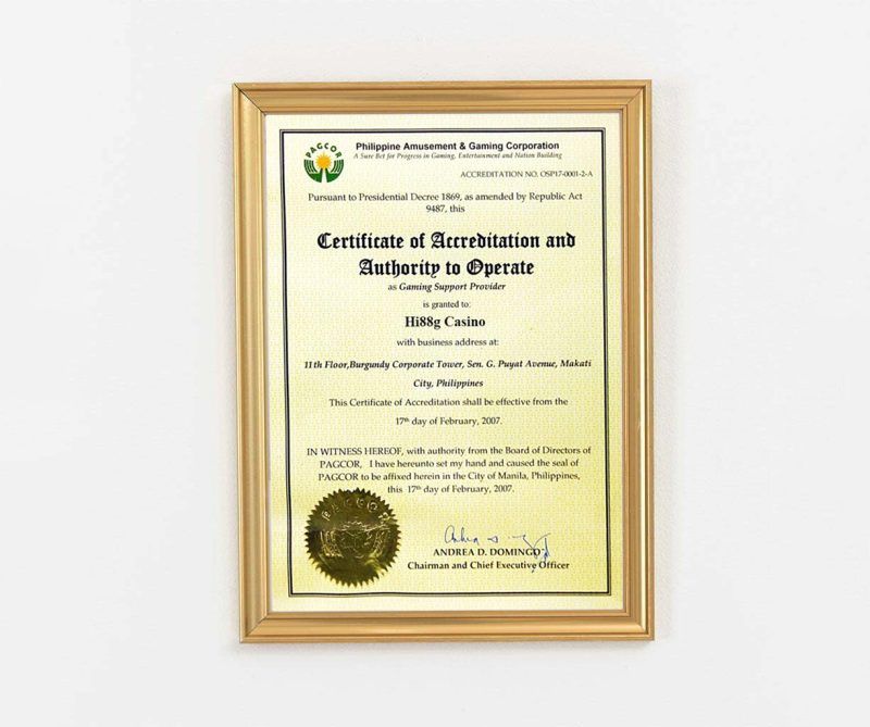 Giấy phép hoạt động hợp pháp của Hi88g.com do PAGCOR cấp